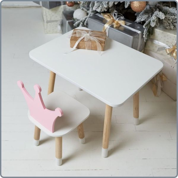 Children's white rectangular table and chair with a pink crown