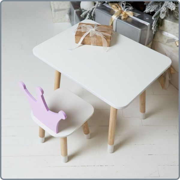 Children's white rectangular table and chair with a purple crown