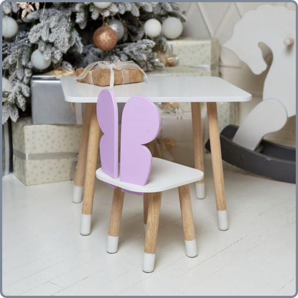 Children's white rectangular table and chair with a purple butterfly and white seat