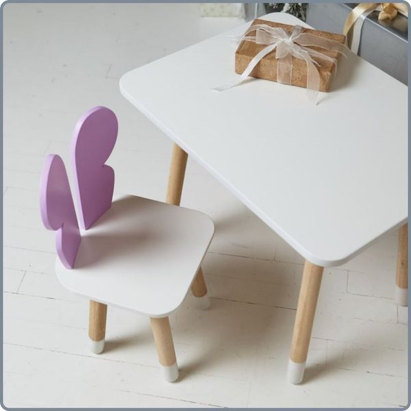 Children's white rectangular table and chair with a purple butterfly and white seat